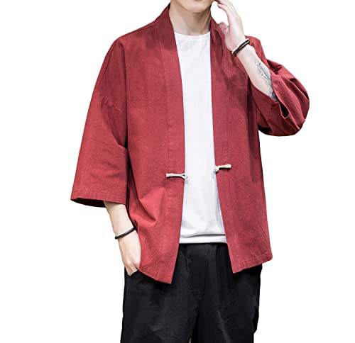 Image of Mens Kimono Cardigan Cotton Linen Japanese Shirt 3 /4 Sleeve Haori Yukata | Skin-Friendly Solid Color Lightweight Shawl Collar Kimono Robe Embroidery Button Tie Pockets Happi Coat All Season Daily Wear