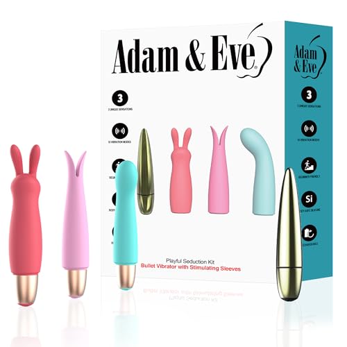 Adam & Eve Playful Seduction Sex Toy Kit, Bullet Vibrator & 3 Silicone Sleeves, Adult Sex Toys for Women & Couples, 10 Vibration Modes, G Spot Stimulation & Pleasure, Water Based Lube Compatible