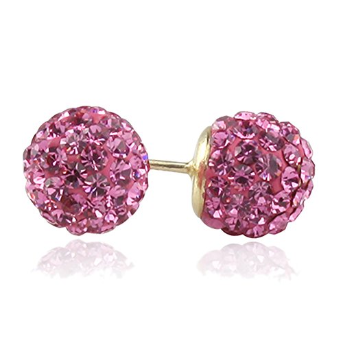14K Yellow Gold Rose Pink Crystal Ball Stud Earrings Screwback (Available 6mm, 8mm), 8