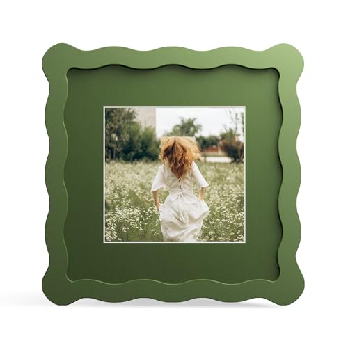 THKRLOF 6x6 Picture Frame with Mat for 4x4 Wavy Edge Wooden Real Glass Photo Frame for Tabletop and Wall Hanging Green 1 Pack