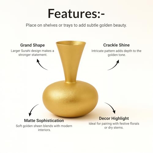 Image of Market99 Metal Flower Vase|Golden Surahi Shape Decorative Holder with Crackle Design & Matte Texture|Ideal for Living Room, Shelf, Tabletop, Office & Housewarming Gift|Classic touch meets modern flair