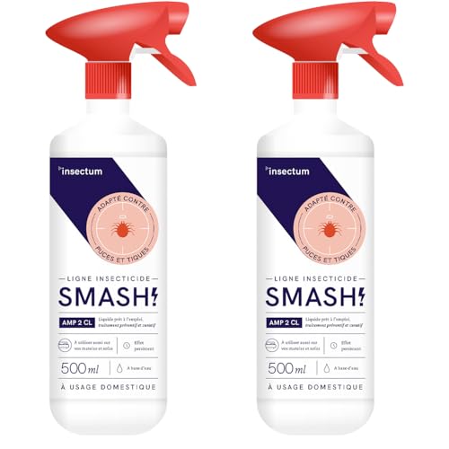 SMASH Spray Anti-Puces et Anti-Tiques pour Environnements et Tissus AMP 2 CL - Pour Utilisation à Domicile et en Extérieur - 2x500ml - Insecticide Sans Perméthrine