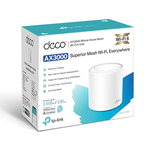TP-Link Deco X50 Mesh WLAN Set (1 Pack), Wi-Fi 6 AX3000 Dual Band Router & Repeater, 3X Gigabit Ports, Zusatzeinheit, empfohlen für Häuser mit 1-2 Schlafzimmern, Umfassender Jugendschutz, WPA3