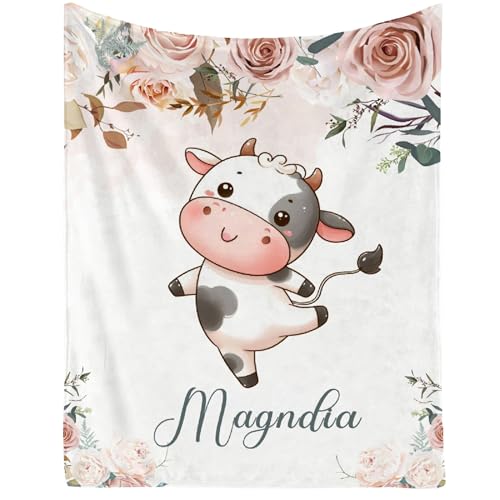 Image of Cute Cow Throw Blankets with Name, Personalized Cow Gifts for Boys Baby, Soft Flannel Animal Blankets,40 inchx50 inch for Kids