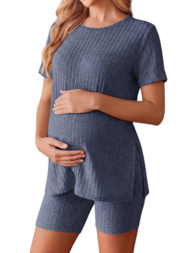 Image of Ekouaer Maternity Sets 2 Piece Outfits Ribbed Knit Short Sleeve Shirts and Biker Shorts Pregnancy Loungewear Mama Clothes