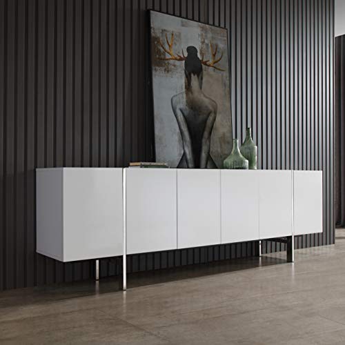 Whiteline Modern Living Struttura Buffet/Sideboard In Large Or Small Size In High Gloss White Or Natural Walnut Veneer And Polished Stainless Steel Legs #TOP4