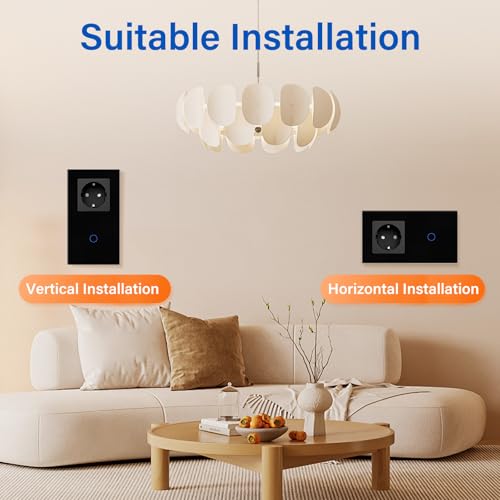 BSEED Steckdose mit Lichtschalter,Glas Touch Lichtschalter Unterputz Schalter,Schuko Steckdose mit 1 Fach 1 Wege Wandschalter Schwarz(Nicht Smart Schalter)