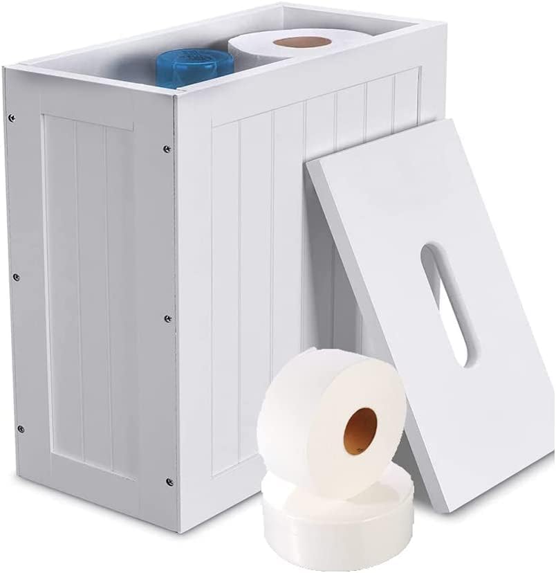 White Slimline Wooden Bathroom Storage Unit, Toilet Roll Paper