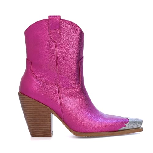 Image of Cowboy Ankle Boots for Women Engraved Steel Toe Cowgirl Boots Stacked Block Heels Short Cowboy Boot Fashion Dressy Western Country Booties