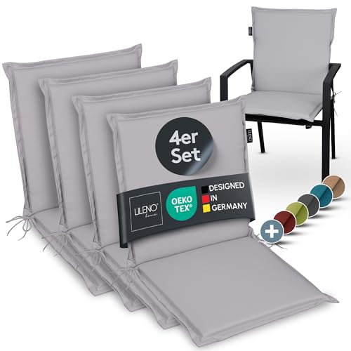 LILENO HOME Gartenstuhl Auflagen [4er Set - Niedriglehner] in Grau - Bequeme Liegen als Sitzauflagen für Gartenmöbel - Stuhlkissen für Gartenstühle und Klappstühle MIA