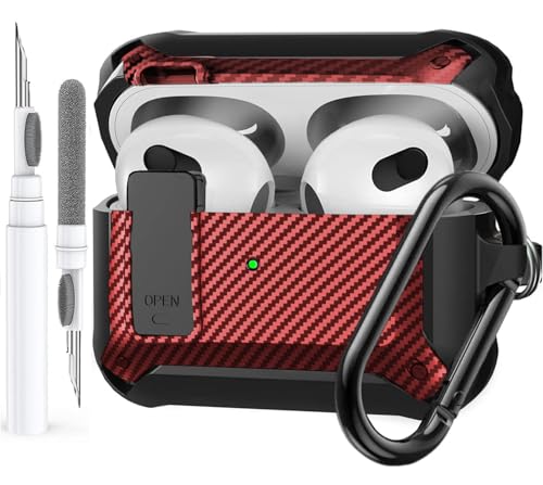 Image of Olytop for Airpods 3rd Gen Case with Lock 2021, Rugged Apple Airpods 3rd Generation Case Men Women, Armor Shockproof iPod 3rd Gen Case Protective Hard Shell with Carabiner&Cleaner kit, Black /Red
