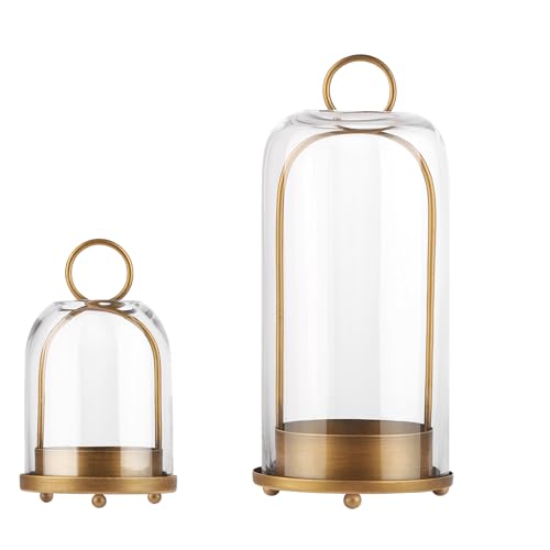 5″ & 4″ Wide Versatile Metal Candle Holder with Handmade Sturdy Glass Dome in Brass for Pillar Candle & Plants, 5.1″ xH11.8 4″ xH7.5, Industrial, Farmhouse, Shabby Chic. (2, Brass, Large & Small)