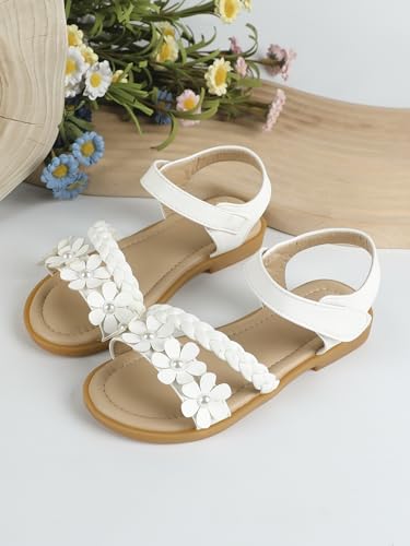 Image of OYOANGLE Girl's Flower Decor Braided Flat Sandals Open Toe Ankle Strap Dressy Sandals White CN33, 4.5 Big Kid