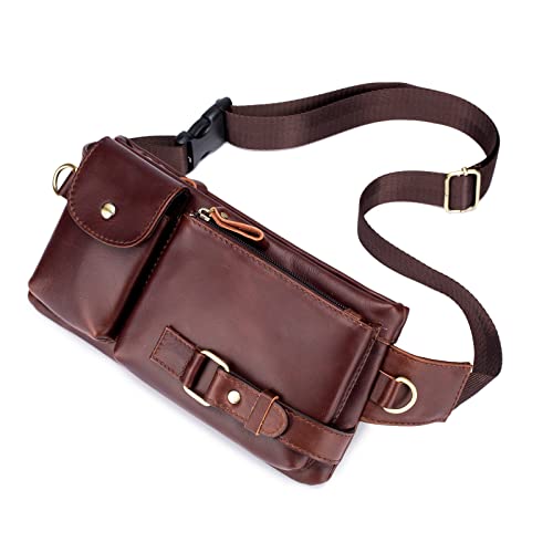 Nefli Riñonera de Cuero Genuino con 5 Bolsillos con Cremallera para Hombre Riñonera de Piel Fanny Pack Bolsa de Pecho para Correr Senderismo Ciclismo Viajes Café Cover