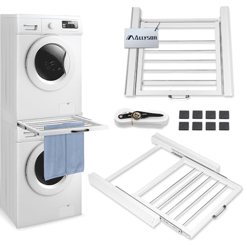 Allyson® Universal Zwischenbaurahmen für Trockner & Waschmaschine - Waschmaschinen Stapelrahmen Set Inkl. Spanngurt & 8 Pads, Metall-Verbindungssatz, Podest mit Ausziehtrockner