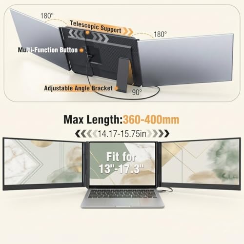 Image of APILDELLA 15.6 inch Triple Laptop Screen Extender One Cable, 1080P FHD Portable Dual Monitor, Ultra-Slim Travel Monitor Extender for Triple Display on Mac /Windows, Fits 13 inch-17.3 inch Laptops（Driver Required）