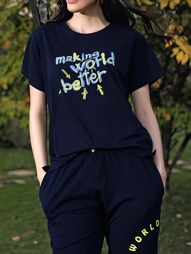 Image of ZEYO Night Suit for Womens Typography Printed Cotton Night Dress of Top and Wide Bottom Pyjama