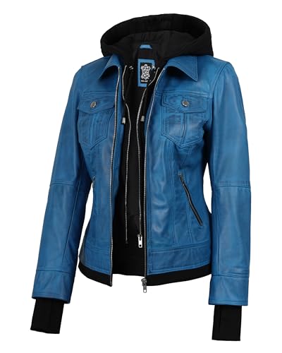 Image of Womens Leather Jacket with Detachable Hood - Real Lambskin Bomber Jacket Thumbholes Women