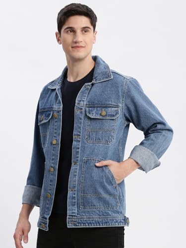 Image of SHOWOFFFF Men Solid Denim Jacket | Spread Collar Full Sleeves Denim Jacket for Mens | Slim Fit Regular Length Jacket for Men's