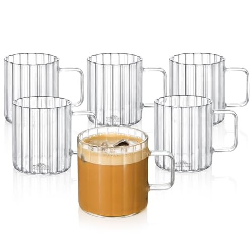 Wilmax - Verres thermiques avec anse - Lot de 6-250 ml - Verres en verre cannelé pour l'eau, le thé, le café - Verres à thé et à café - Gobelets - Lavables au lave-vaisselle