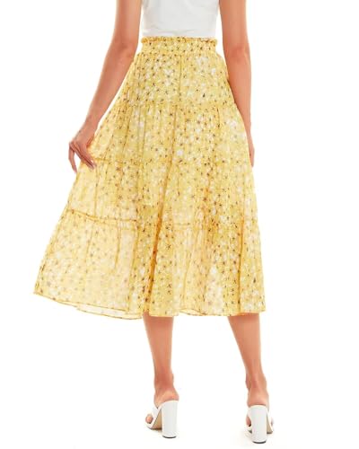 DIASHINY Women's Boho Printed High Waist Pleated Layered Elastic Waist A Line Long Skirt Yellow M4