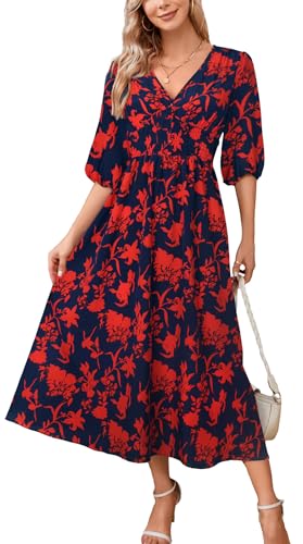 Image of Kormei Women Casual Boho V Neck 3 /4 Sleeve Smocked Waist A Line Flowy Swing Midi Dress Smocked Long Dress