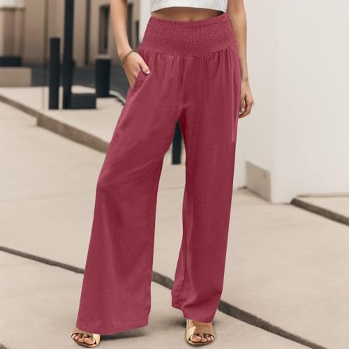 Wide Leg Linen Pants for Women Summer Boho Beach Flowy Smocked Elastic High Waisted Lounge Palazzo Pants with Pockets4