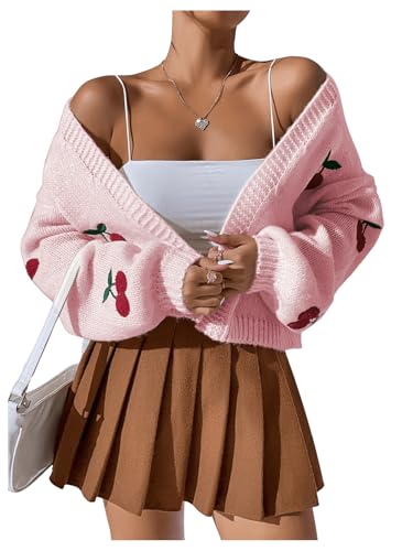 Image of GORGLITTER Women's Cherry Cropped Cardigan Sweaters Open Front Long Sleeve Cute Chunky Knit Short Cardigan Trendy