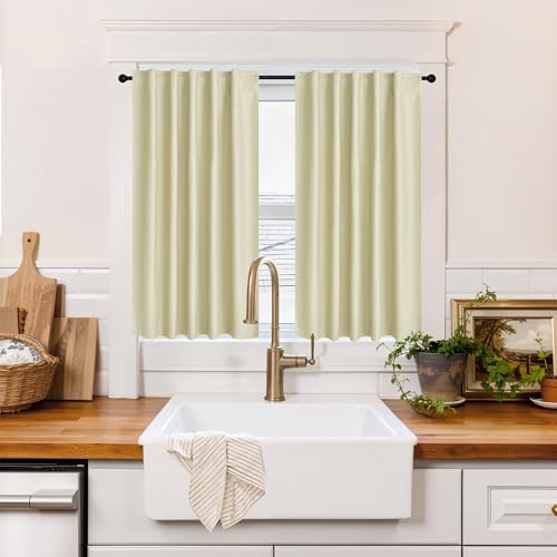 Image of RYB HOME 100% Blackout Short Curtains for Small Window, Thermal Insulated Noise Reducing Back Tab Curtains for Nursery Bathroom Basement, 34 inches Wide by 45 inches Long, Beige