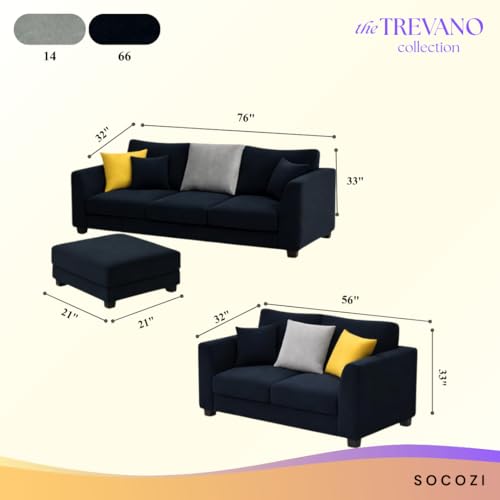 Image of SOCOZI Trevano 3+2 Seater Fabric Sofa Set with Ottoman | Soft Velvet Suede Upholstery | Modern Living Room Furniture (Black-Light Grey)
