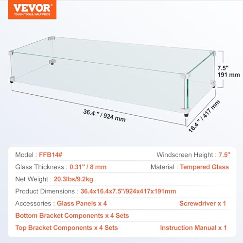 Image of VEVOR Glass Wind Guard for Rectangular Fire Pit Table 36 x 16 x 7.5 Inch, 0.31 inch Thick and Sturdy Tempered Glass Panel with Hard Aluminum Corner Bracket & Rubber Feet, Easy to Assemble