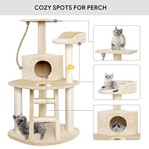 BEAU JARDIN Cat Tree Condo Furniture with Scratching Posts 47.5 Inch Cat Activity Tree Heavy Duty Corner Cat Tower Pet House Scratcher Multi-level Kitty Play House for Kitten with Perch Play Toy Beige