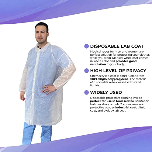 Amz Medical Supply Disposable Lab Coats For Adults 3X-Large, White Polypropylene Lab Coats Disposable 10 Pack, Durable 35 Gsm Disposable Lab Coats With Loop Fastener, Long Sleeves, Elastic Wrists #TOP2