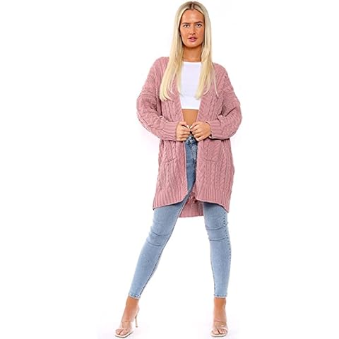 Womens Chunky Knit Sweater Open Front Pocket Coat Long Cardigan Coat Tops Jacket (Pink, 10) Cover
