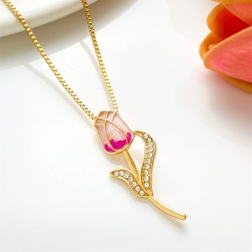 Image of coadipress Tulip Flower Pendant Necklace for Women Dainty Elegant Boho Temperament Crystal Tulip Necklace Trendy Statement Friendship Jewelry