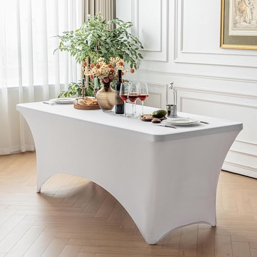 Image of FOLINS&HOME White 6ft Fitted Water Resistant Tablecloth with Spandex | Washable Elastic Rectangle Table Cover for 6 Foot Folding Tables, Stretch Table Cloth for Weddings, Banquets, Parties