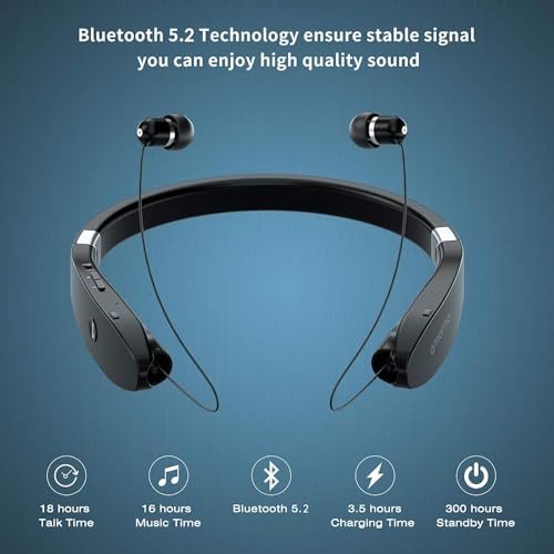 Image of AMORNO Foldable Bluetooth In Ear Headphones Wireless Neckband Headset with Retractable Earbuds, Sports Sweatproof Noise Cancelling Stereo Earphones with Mic