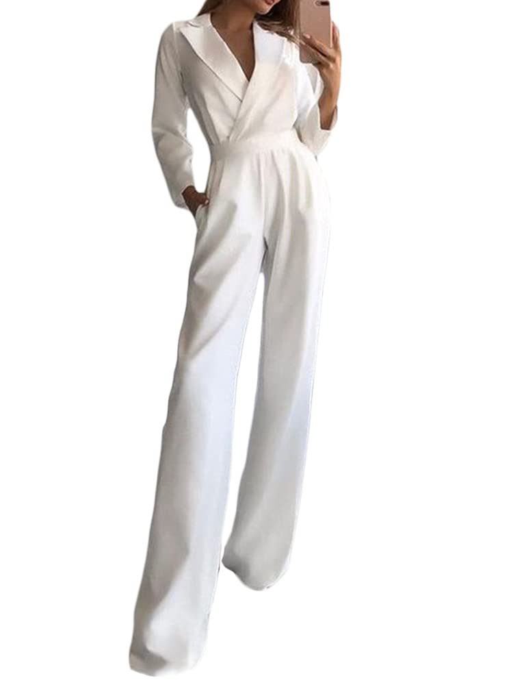 Minetom Mujer Monos Cuello en V Manga Larga Elegante Fiesta Noche Cóctel Jumpsuit Largos Pantalones de Pierna Ancha
