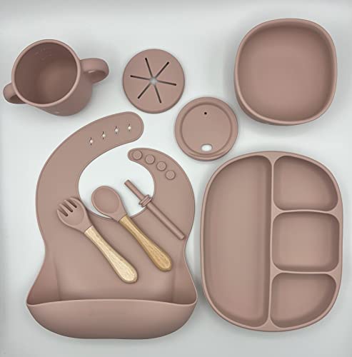 San-way Silicone Baby Feeding Set of 6 - Suction Plate Silicone Bowl Silicone Bib Snack Cup Drinking Cup Sippy Cup Wooden Spoon & Forks - Boys Girls Toddlers Baby Utensils Eating Supplies (Rose Pink)