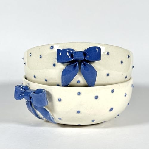 Image of SNS Blue Bow Ceramic Serving Bowl Set (Set of 2) | Cute Pinterest Style Kitchen Bowl | Aesthetic Snack, Salad, Cereal, Dessert & Soup Bowl | Premium Kitchen & Breakfast Bowl (Lumi Blue Bow Bowl)