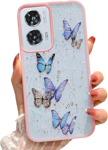 Image of VONZEE for Moto Edge 50 Fusion /Moto G96 Clear Glitter Butterfly Case, Bling Sparkle Shiny Soft Silicone TPU Bumper Shockproof Women Girls Slim Phone Cover for Moto Edge 50 Fusion, Pink