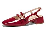 Coutgo Womens Mary Jane Chunky Low Heels Slingback Pumps Closed Square Toe Wedding Dress Shoes, Red, Size 8