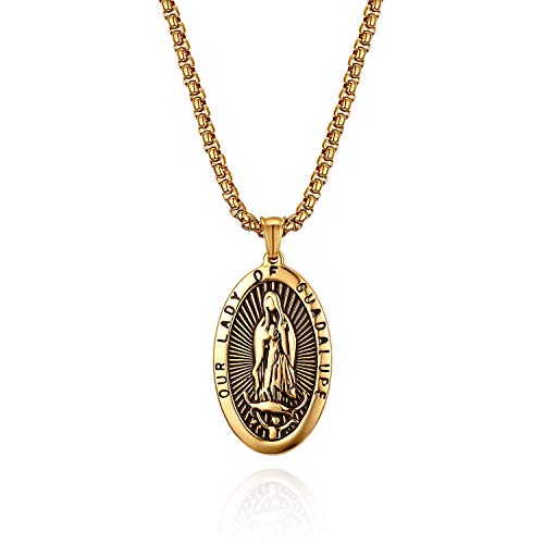 Flongo Rosenkranz Kette Halskette, Edelstahl Anhänger Halskette Kette Gold Golden Jungfrau Maria Heilige Maria Mutter Gottes Retro Medallion Herren,Damen