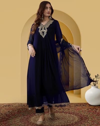 Image of Amazon Brand - Tavasya Women Poly Georgette Zari Sequence Embroidered Kurta with Pant and Dupatta | Salwar Suit | Kurta Set