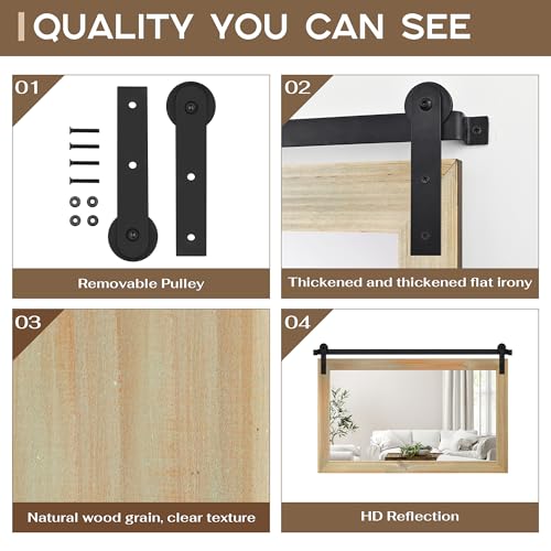 Image of COGOOD Farmhouse Barn Door Mirror - 41 x 26 Rustic Wood Framed Wall Mirror for Bathroom, Living Room, Entryway Wall Decor (Burlywood)