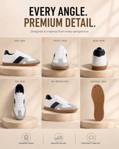 Image of HAUX Men's Retro Low Top Sneakers | Gum Sole Casual Shoes for Men | Classic Samba Style White Black Sneakers | Lightweight Comfortable Lace Up Shoes for Office College