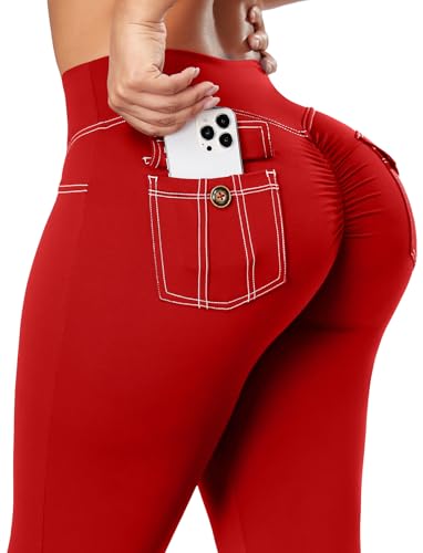 SEASUM Workout Butt Lifting Flare Leggings with Pockets for Women Scrunch Cargo Gym Casual Denim-Look Yoga Pants Red XL - image 6