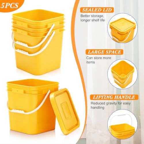 Image of Mumufy 5 Pcs 3.5 Gallon Square Food Grade Bucket with Lid Square Bucket Pail Plastic Handles for Long Term Food Storage, Camping, Fishing, Home Organization Easy Stack and Store (Yellow)
