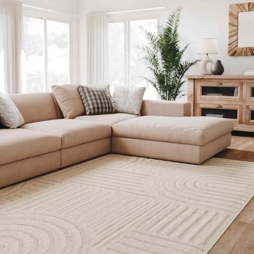 Interiyou Tapis Salon à Poils Courts Lecce - 120x170 Crème - Intérieur pour Chambre, Bureau, Couloir - Motif bohème scandinave avec Effet 3D - Design géométrique...