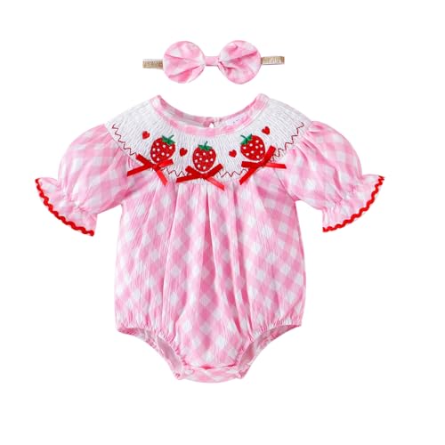 FOCICI Baby Girl Clothes 0-3 Months Newborn Smocked Romper Infant Plaid Strawberry Embroidery Short Sleeve Bubble Bodysuit + Cute Bow Headband Summer...